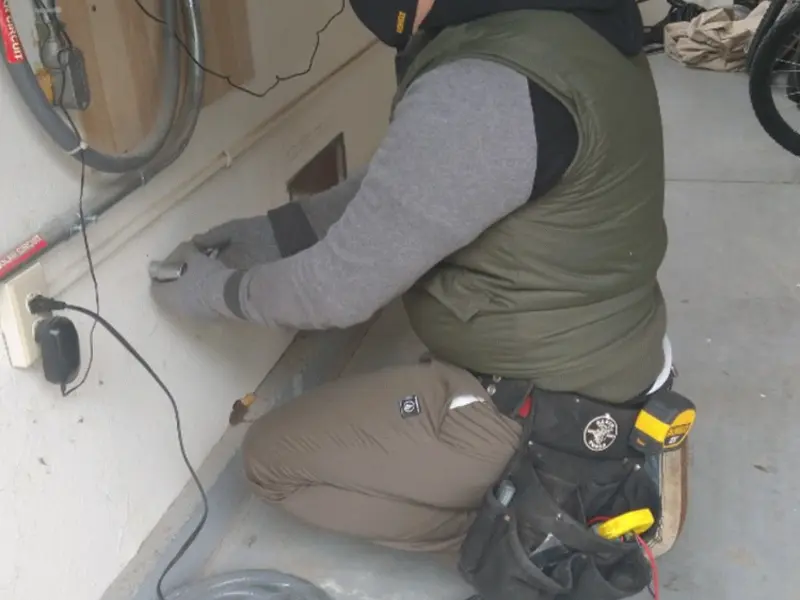 Electrician performing outlet wiring in a Belvedere Park garage